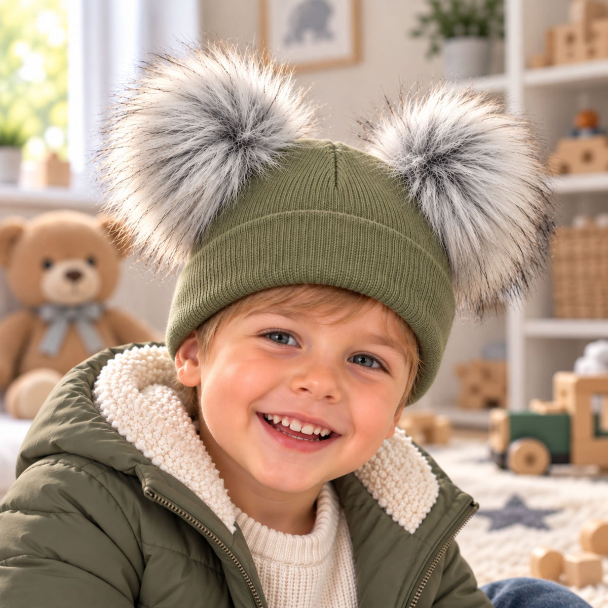 Toddlers Olive Green Double Pom Pom Hat (1–6 Years)