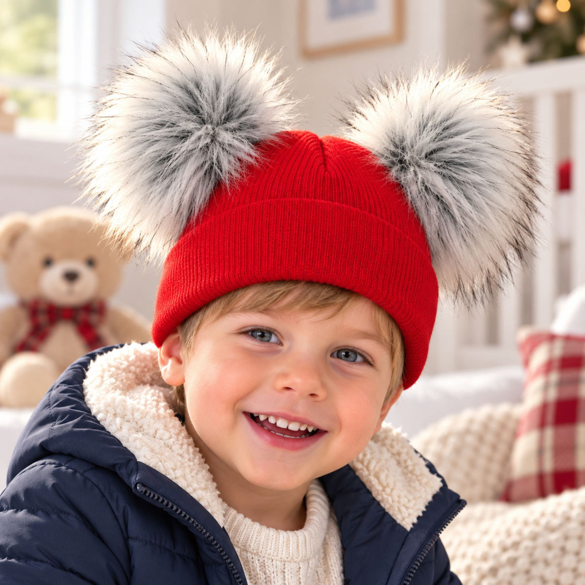Toddlers Red Double Pom Pom Hat (1–6 Years)