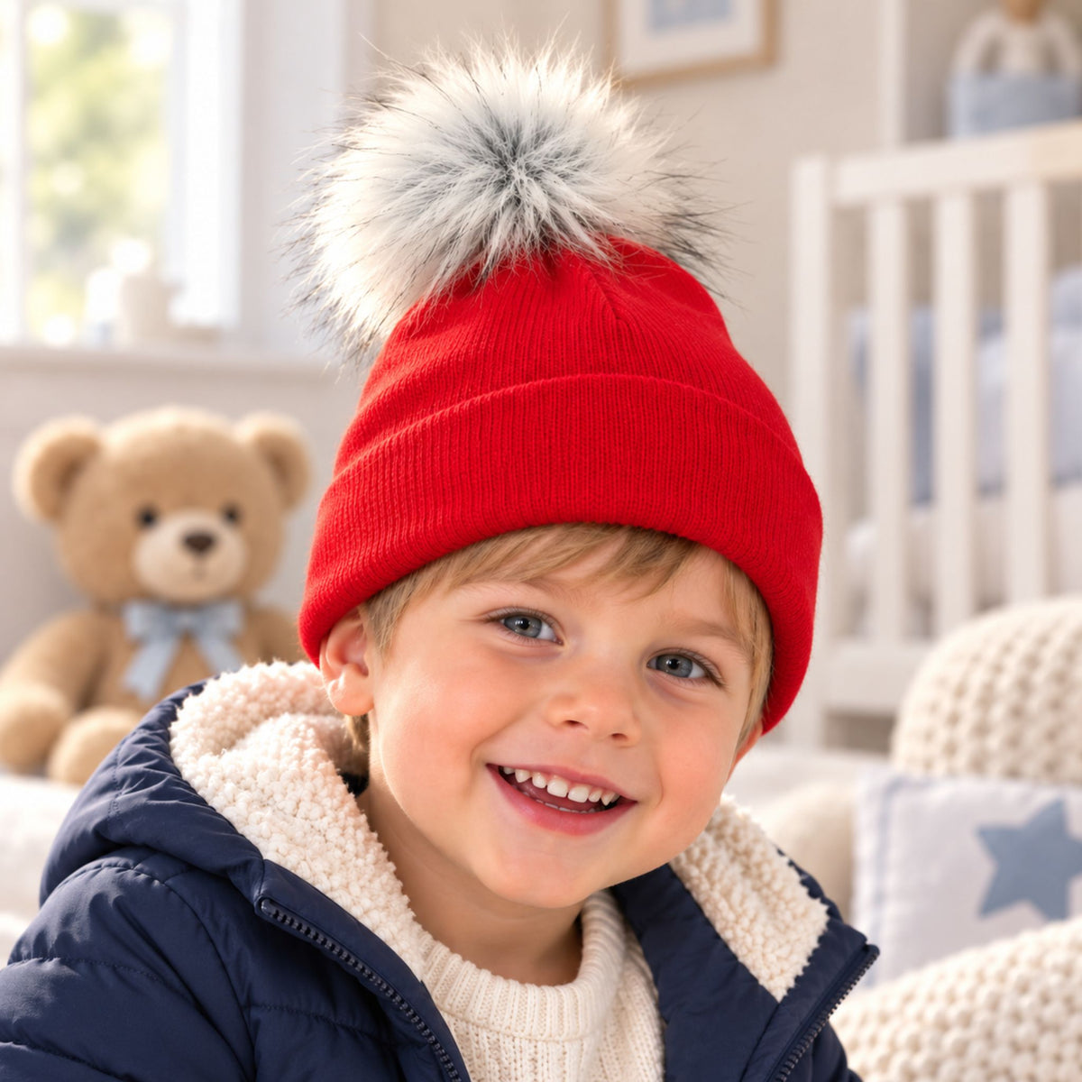 Toddlers Red Pom Pom Hat (1–6 Years)