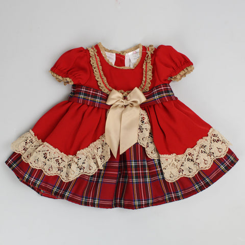 Baby Girls Red Tartan Dress With Gold Bow