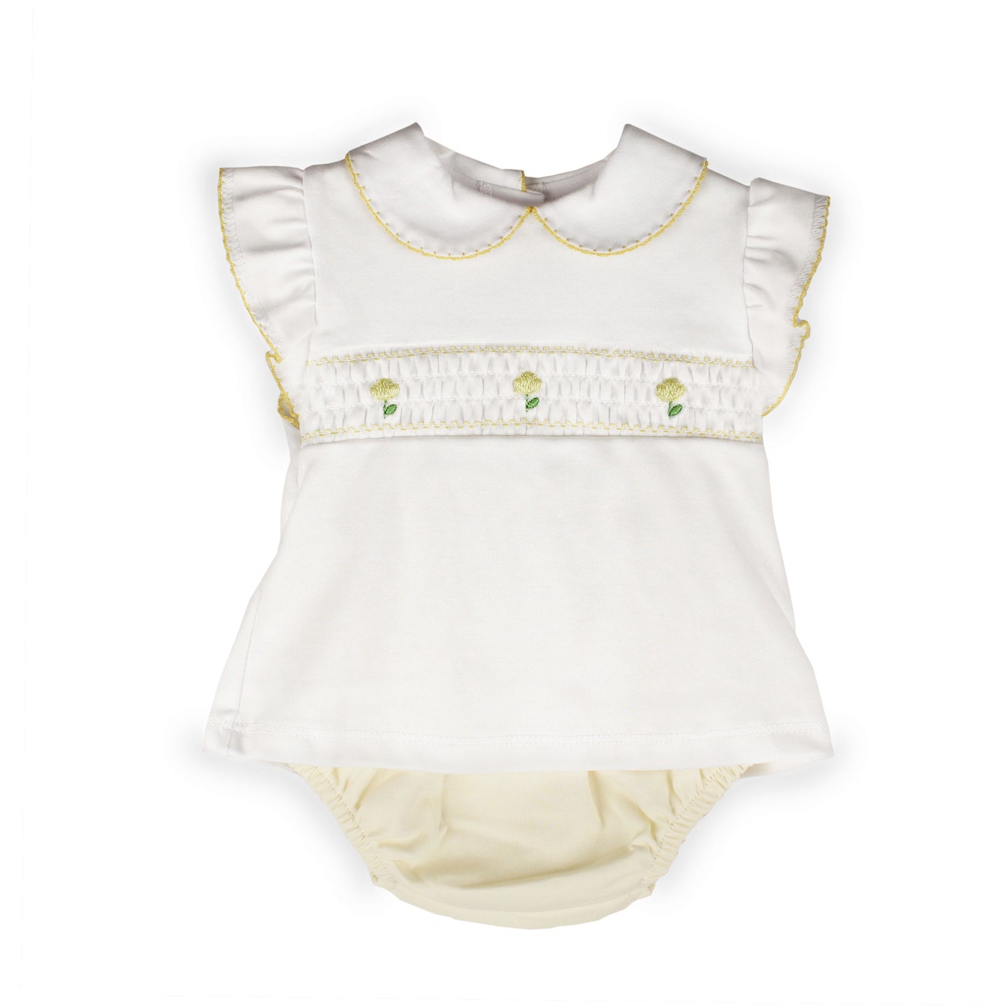 Baby Girls White & Lemon Smocked Top and Jam Pants Set – 100% Cotton