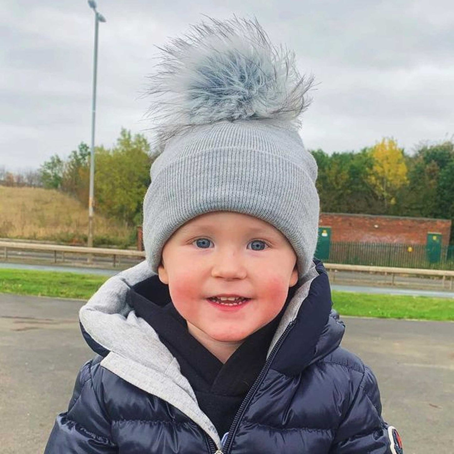 baby unisex grey pom hat