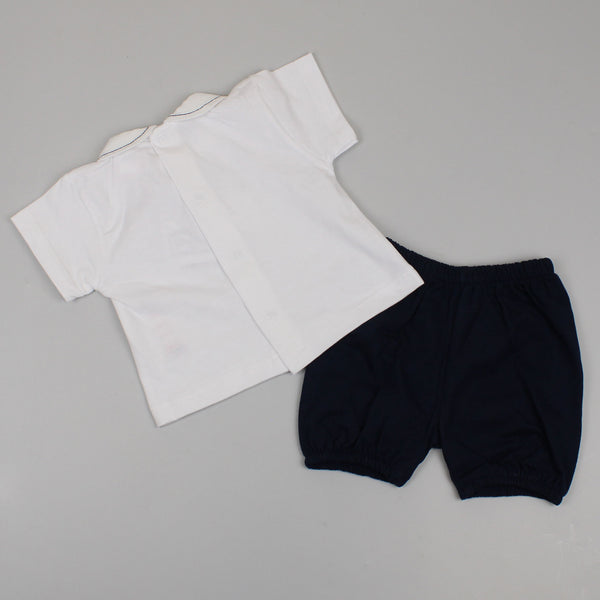 baby boys summer white and navy outfit with shorts