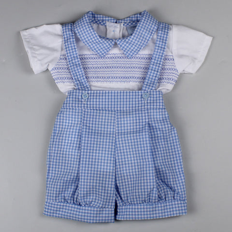 baby boys smocked summer outfit checked blue shorts
