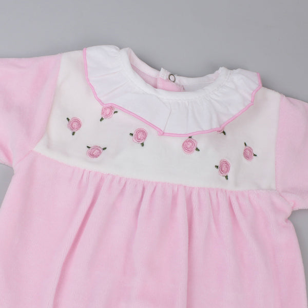 Baby Girls Velour Snuggle Rose Sleepsuit - Pink and White- Rosie-Pex