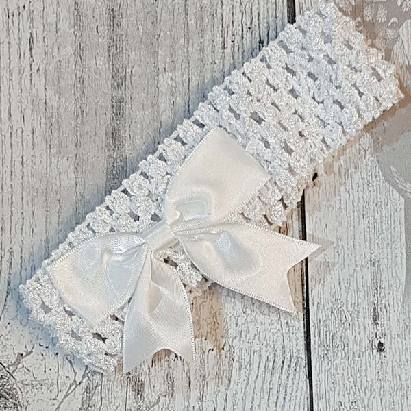 baby girl white crochet headband with white satin bow