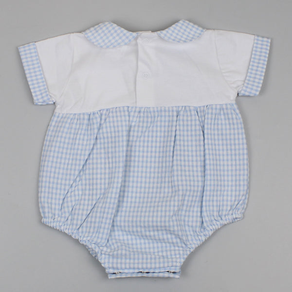 blue and white baby boys outfit with collar gingham pattern