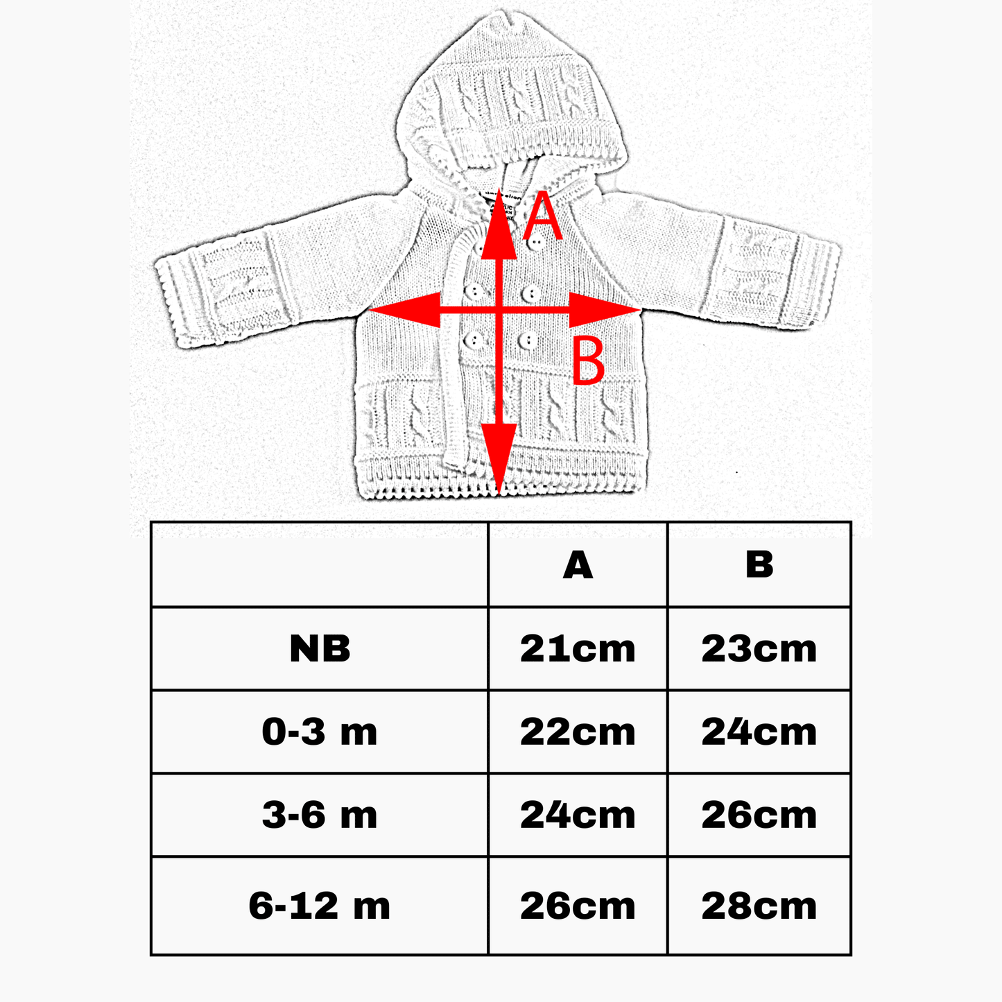 Baby knitted jacket size guide