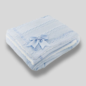 Baby Blue Blanket Chevon Cable Knit Wrap Satin Trim & Bow