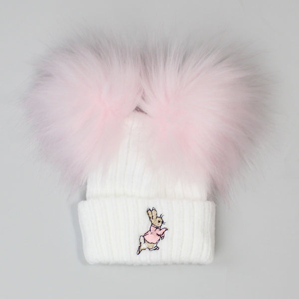 Baby Girls Rabbit Double Pom Hat - White