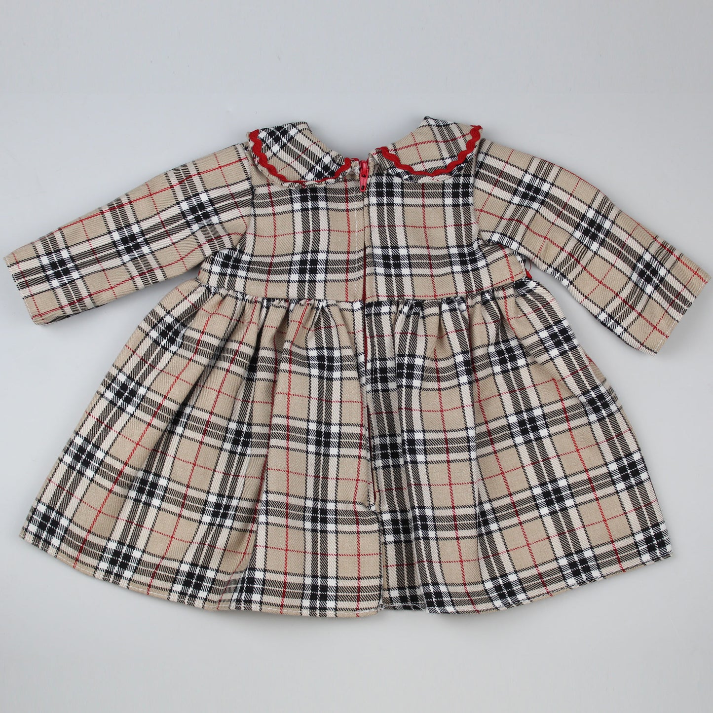 Beige tartan baby dress red bow