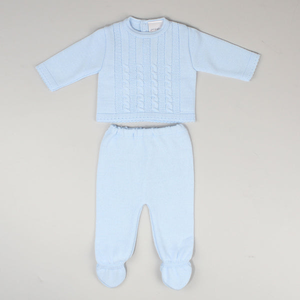 baby boys blue knitted two piece outfit