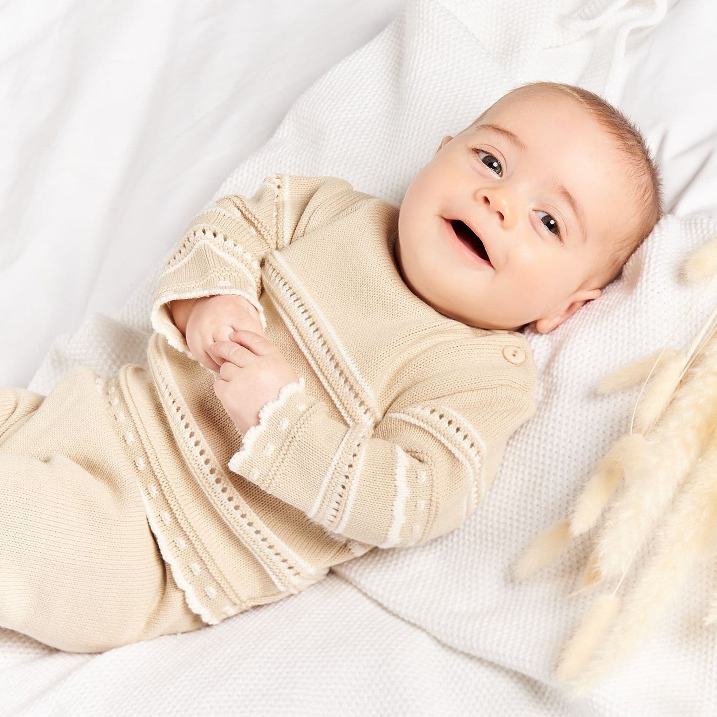baby unisex beige knitted newborn first outfit