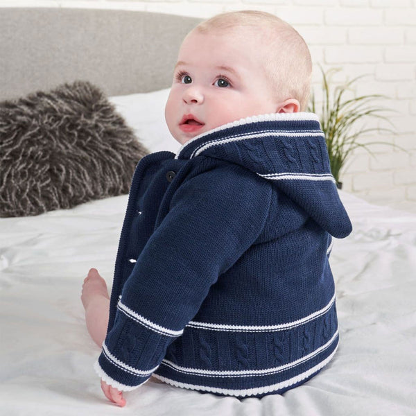 baby navy knitted cardigan with hood