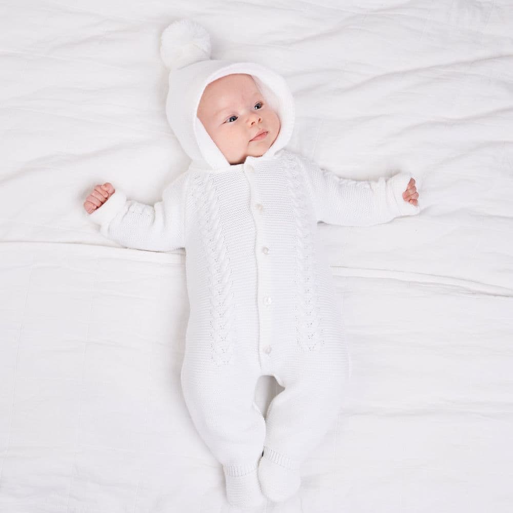 baby white unisex knitted all in one with hood