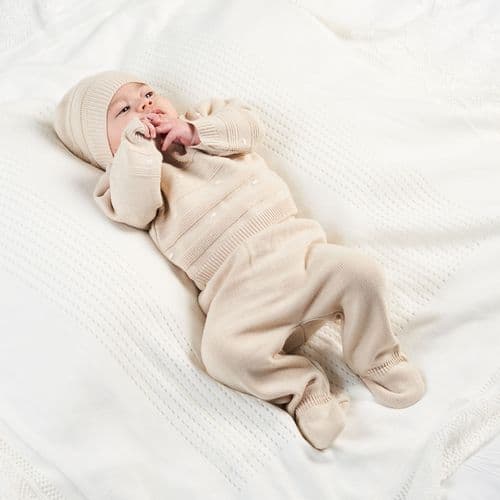 baby unisex three piece outfit with hat knitted beige