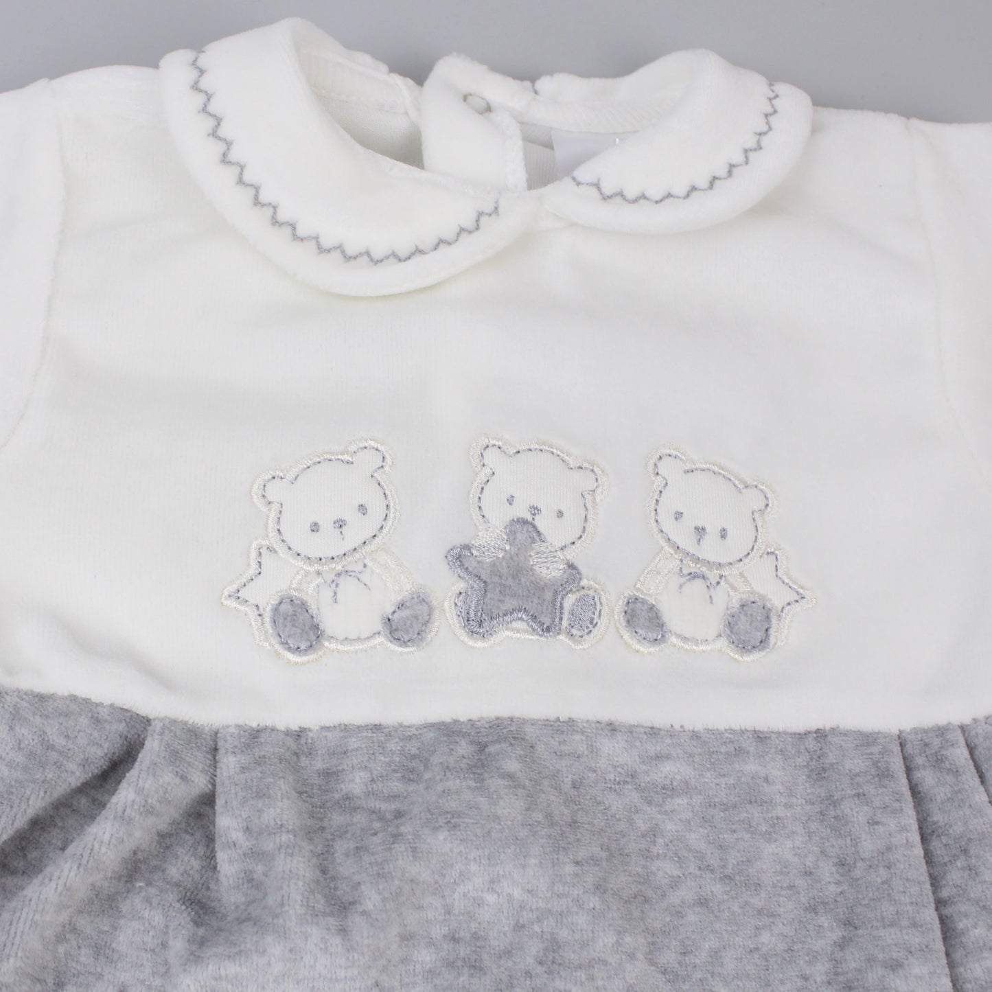 Baby Velour Teddy Bear Sleepsuit - Grey & White