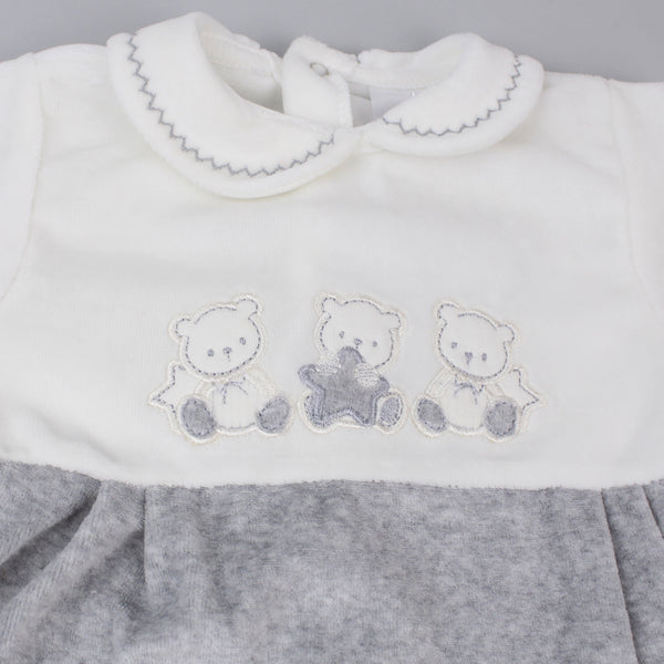 Baby Velour Teddy Bear Sleepsuit - Grey & White