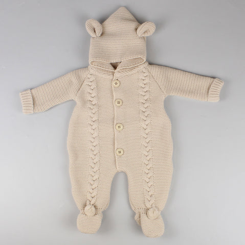 unisex baby knitted pram suit with hood beige