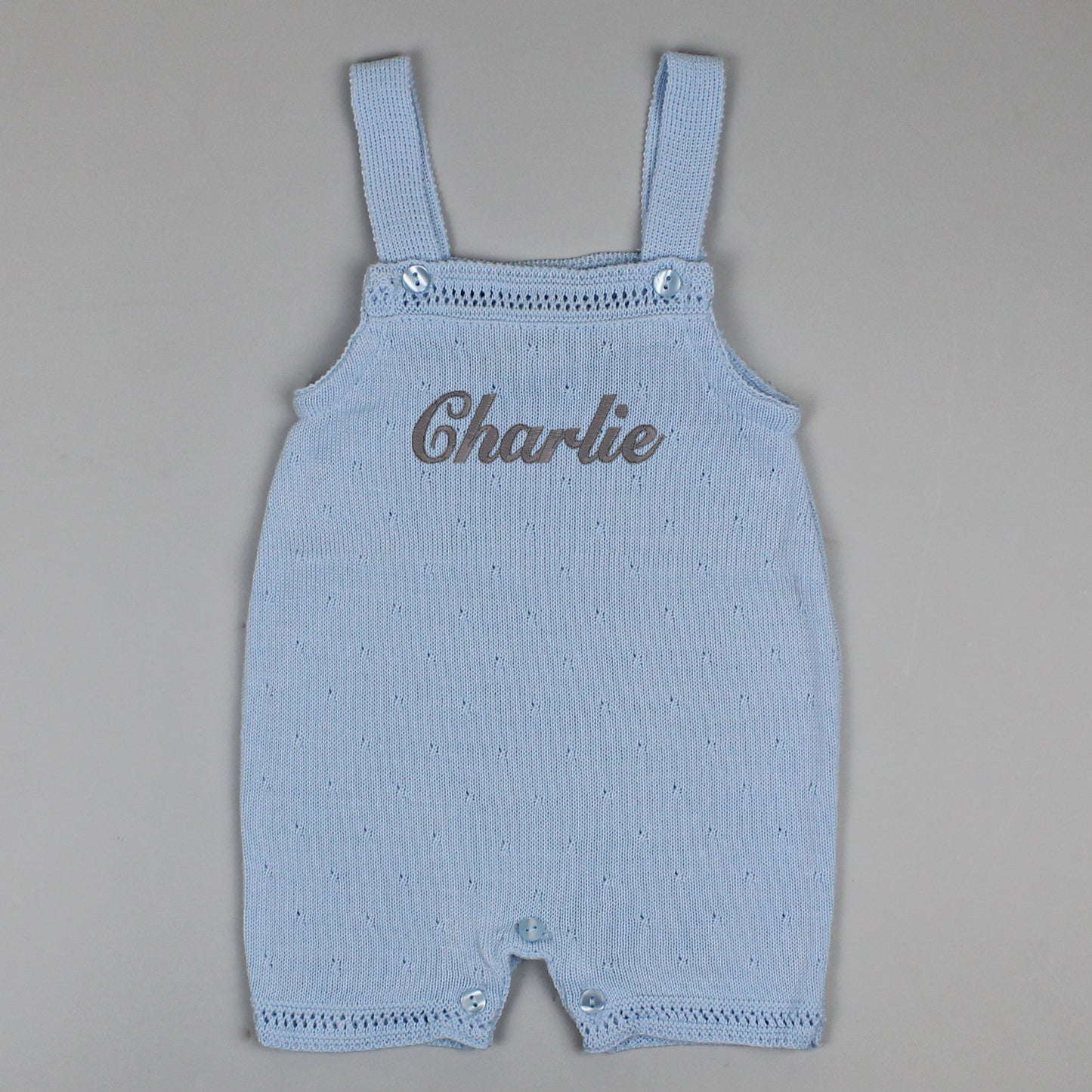 baby boys custom knitted dungarees blue