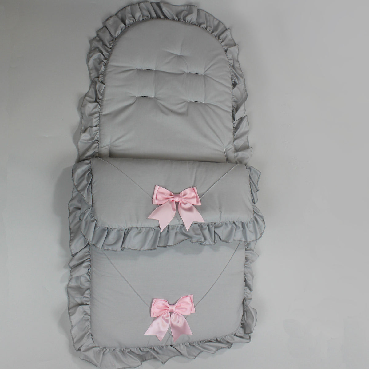 Grey with Pink Satin Bows Footmuff Cosy Toes Lullaby Lane Baby Shop