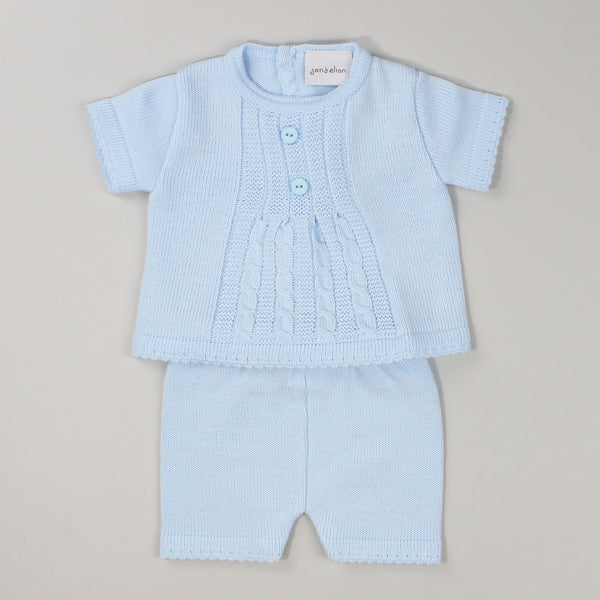 dandelion blue baby two piece shorts and shirt knitted set