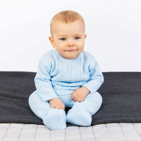 baby boys two piece blue knitted outfit