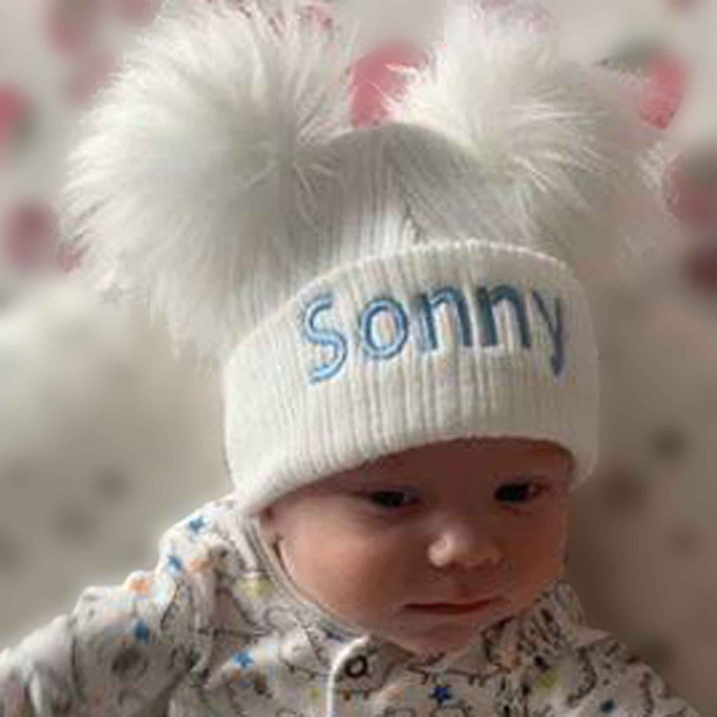 personalised baby hat white with two pom