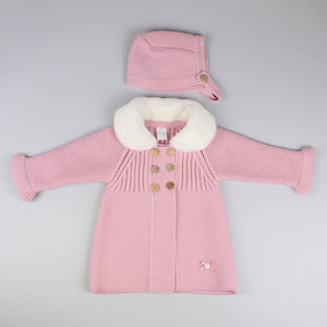 baby girls dusky pink coat knitted with fur collar and bonnet
