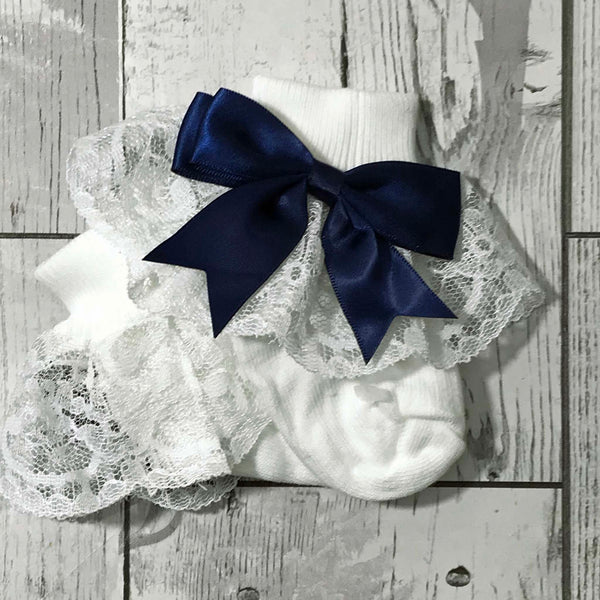 frilly baby socks with navy blue bow