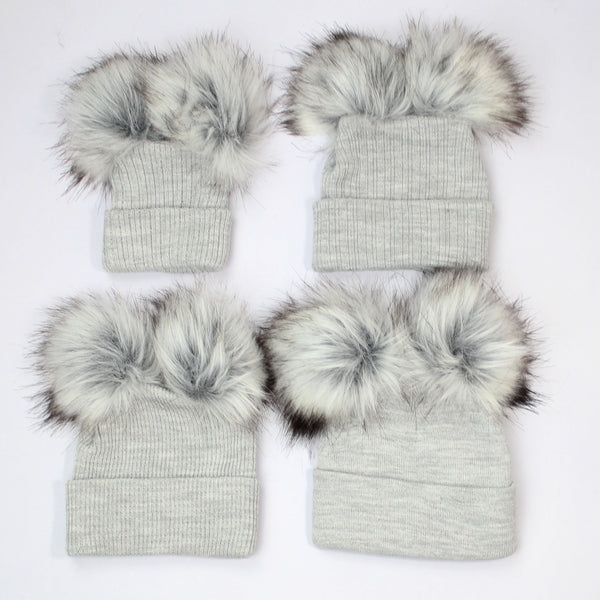 Personalised Two Pom Baby Hat - Grey Double Fur Pom