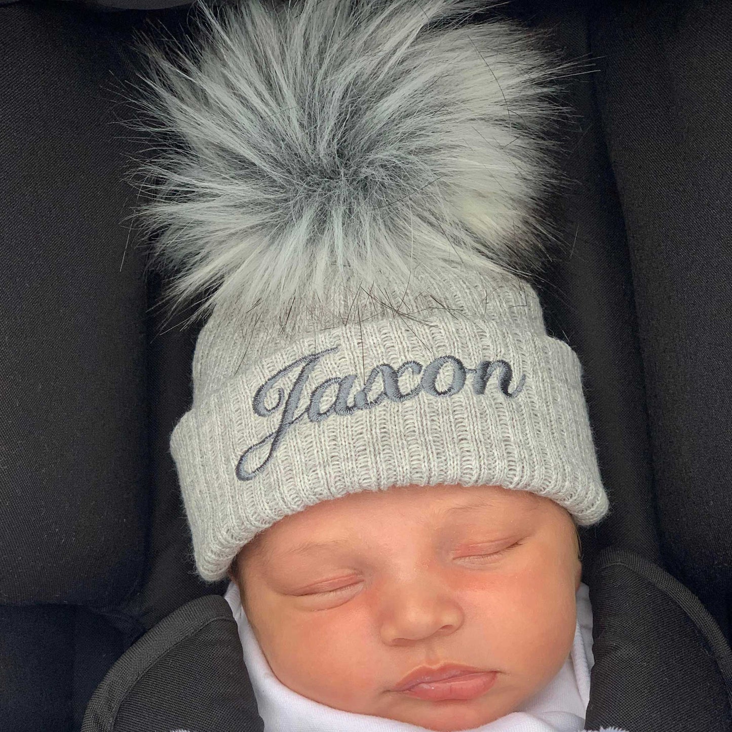 baby unisex grey pom hat personalised