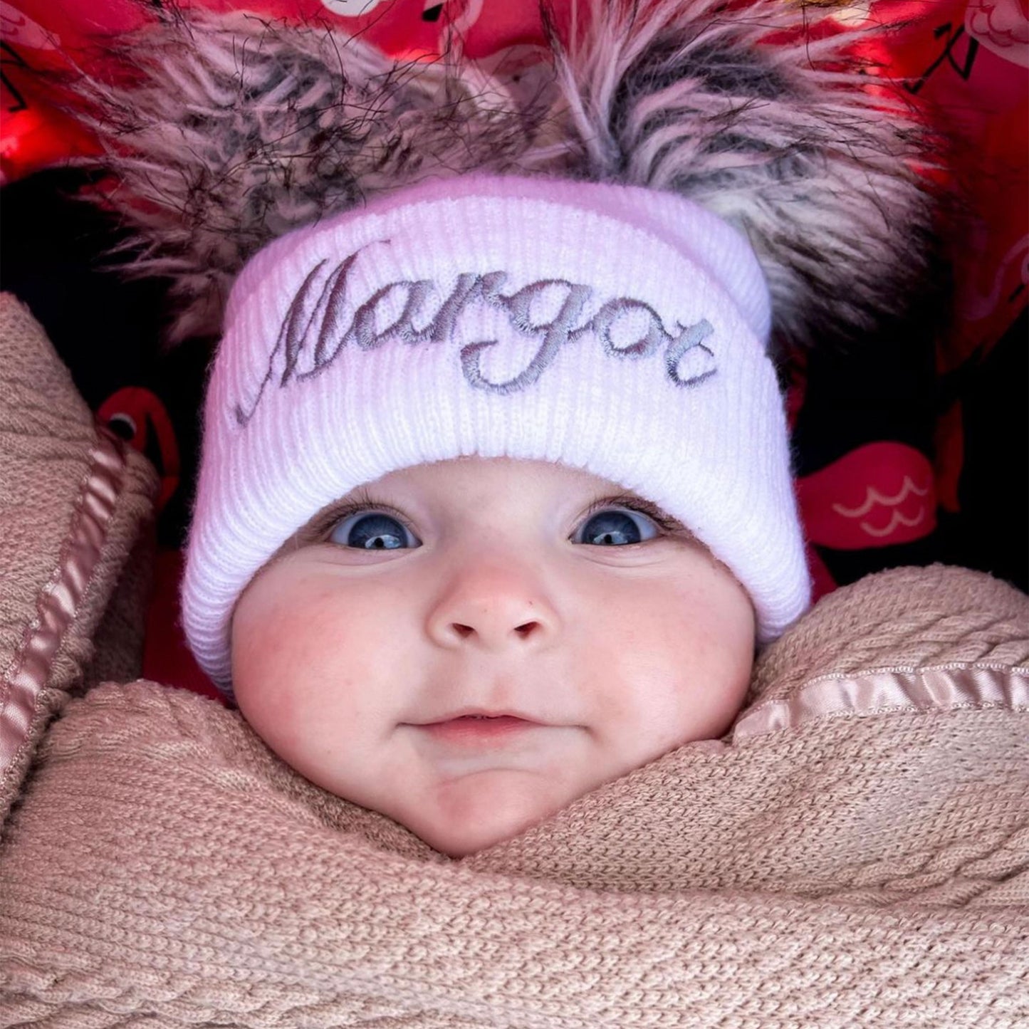 unisex white baby double pom pom hat embroidered personalised