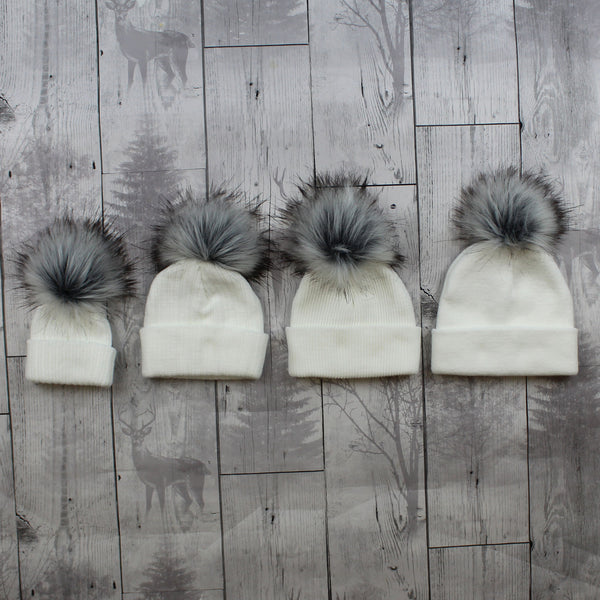 White Faux Fur Baby Pom Pom Hat - Option to Personalise / Add Name