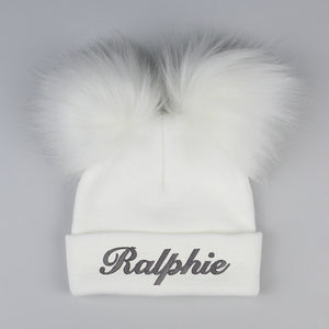 Personalised Pastel White Double Pom Hat - 2 to 6 years
