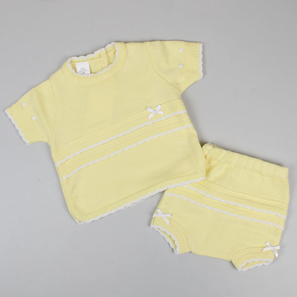Lemon knitted baby summer outfit with bows