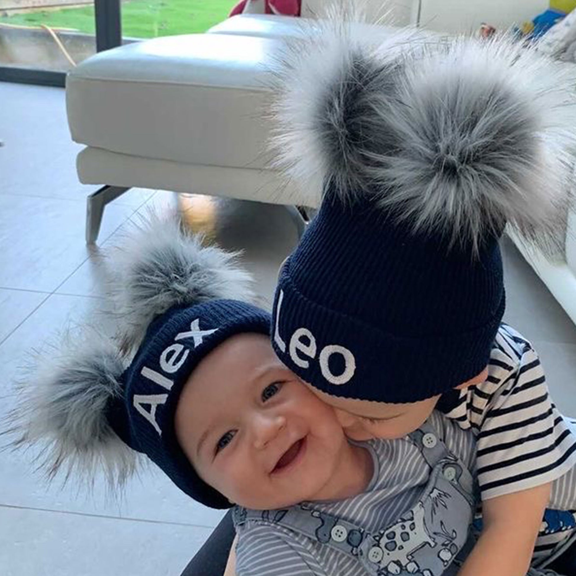 baby unisex navy pom pom personalised hats