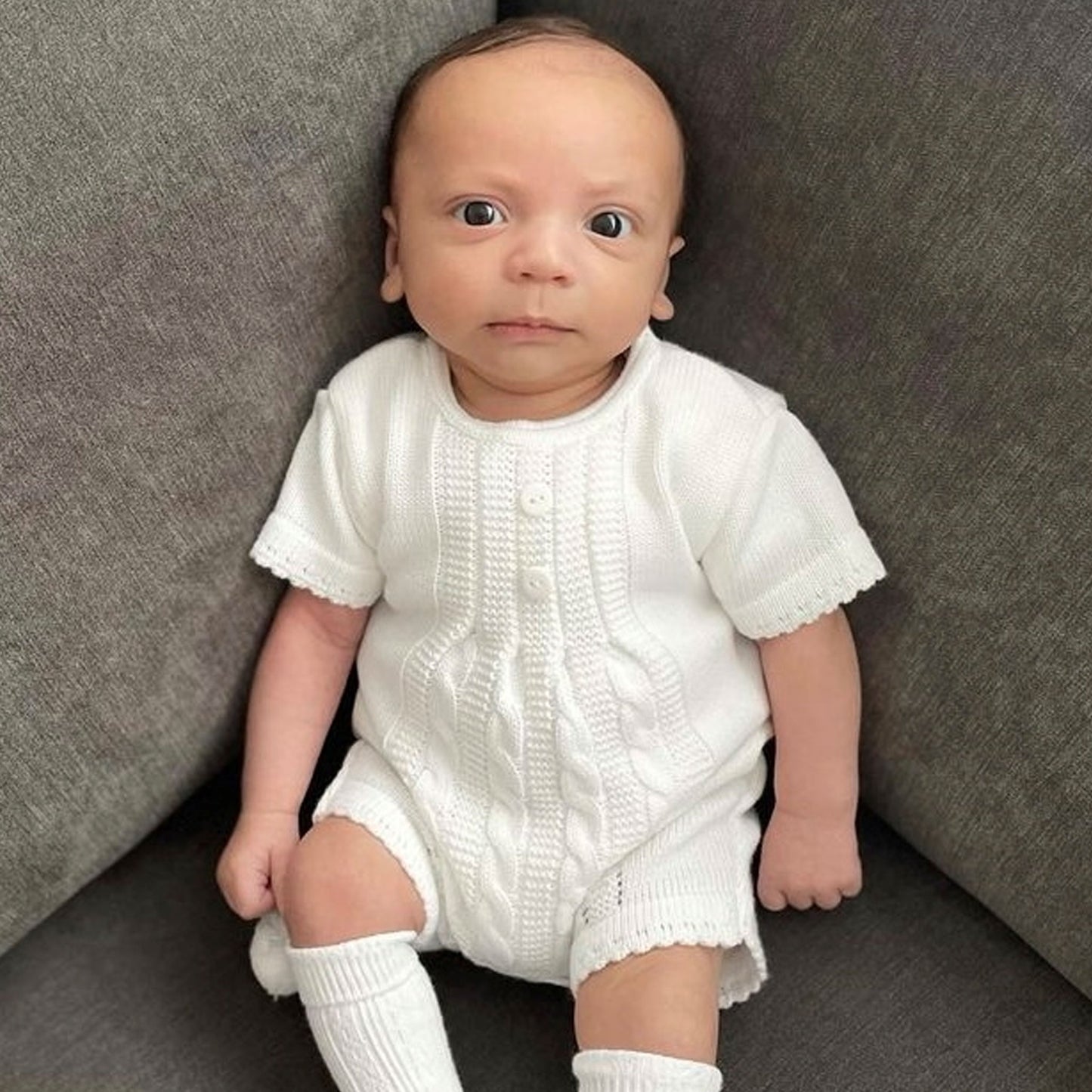 unisex white knitted romper