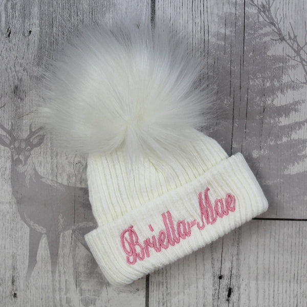 Personalised Baby Hat - Pastel White With White Fur Pom