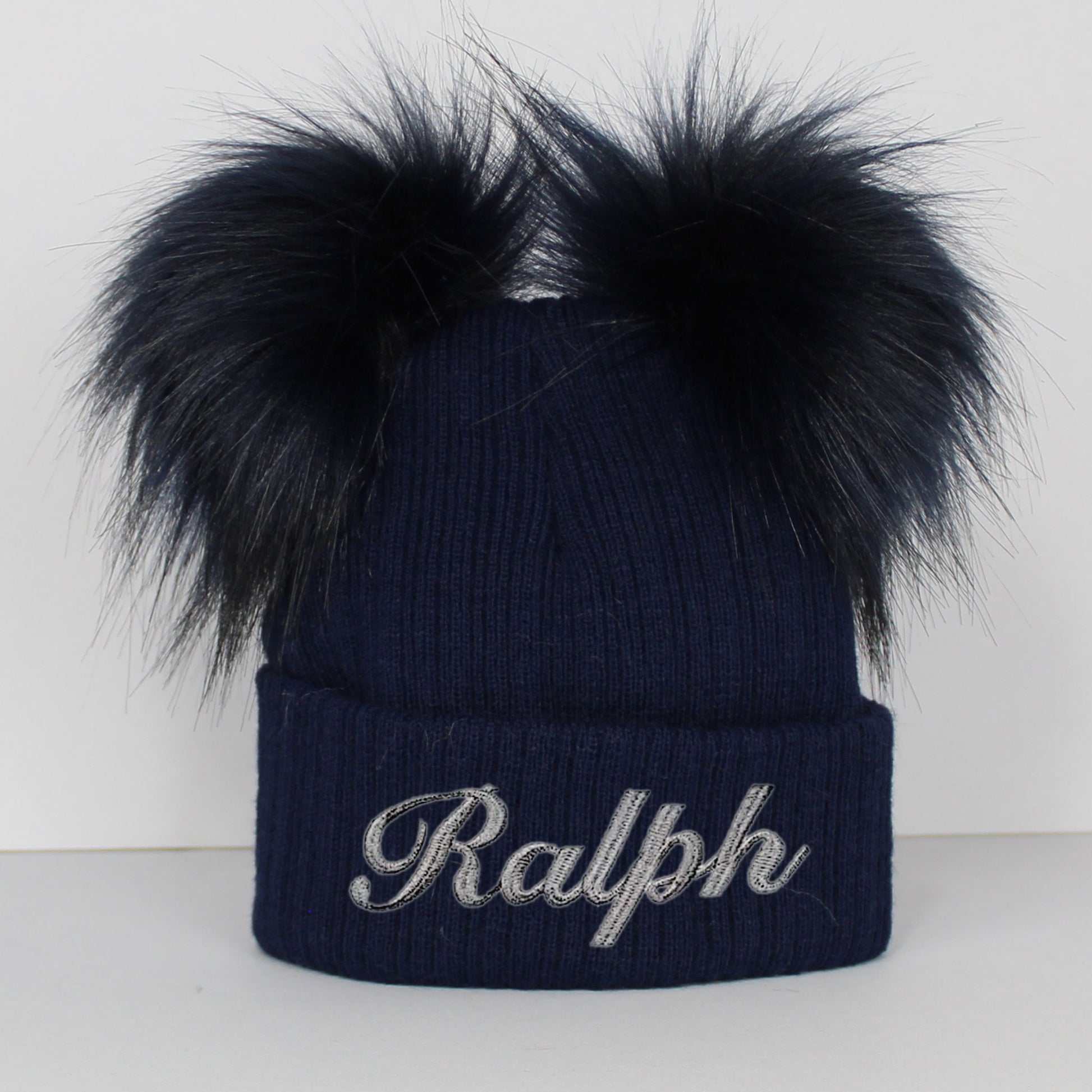 navy pom pom baby personalised hat