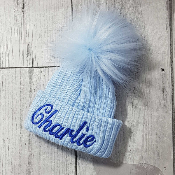 Personalised Baby Hat - Pastel Blue With Blue Fur Pom