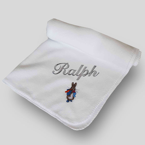 Personalised Baby Blanket - White with Rabbit Embroidery