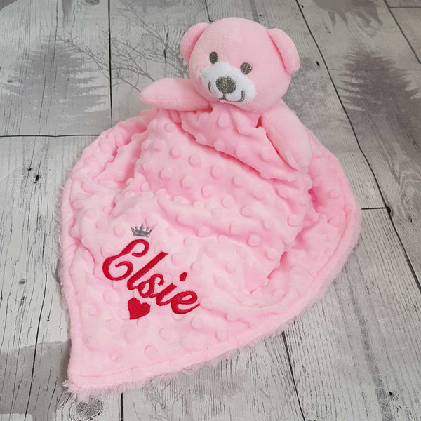 personalised baby comforter pink teddy bear