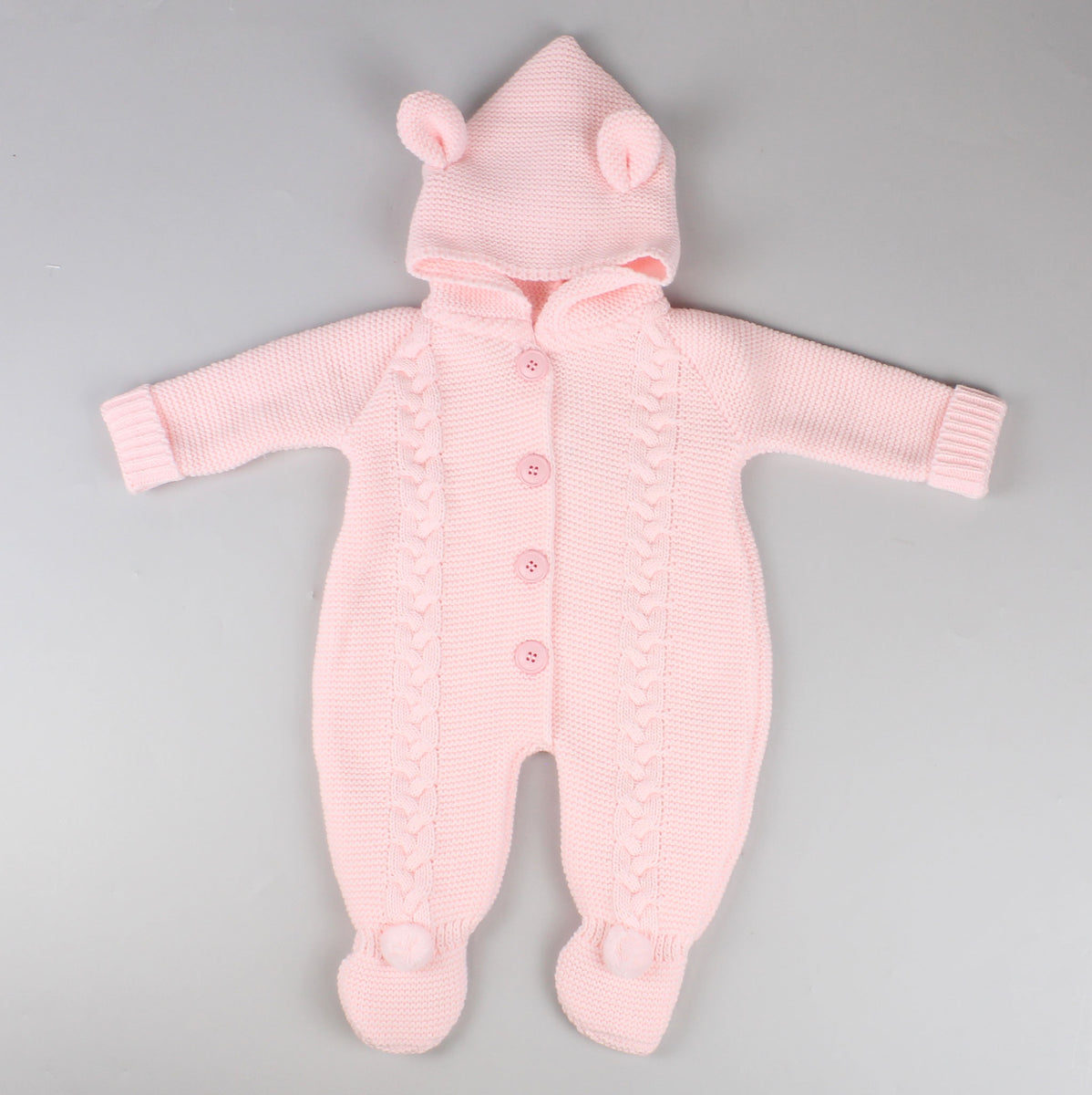 "Adorable Pink Knitted Baby All In One Pramsuit with Hood Perfect for