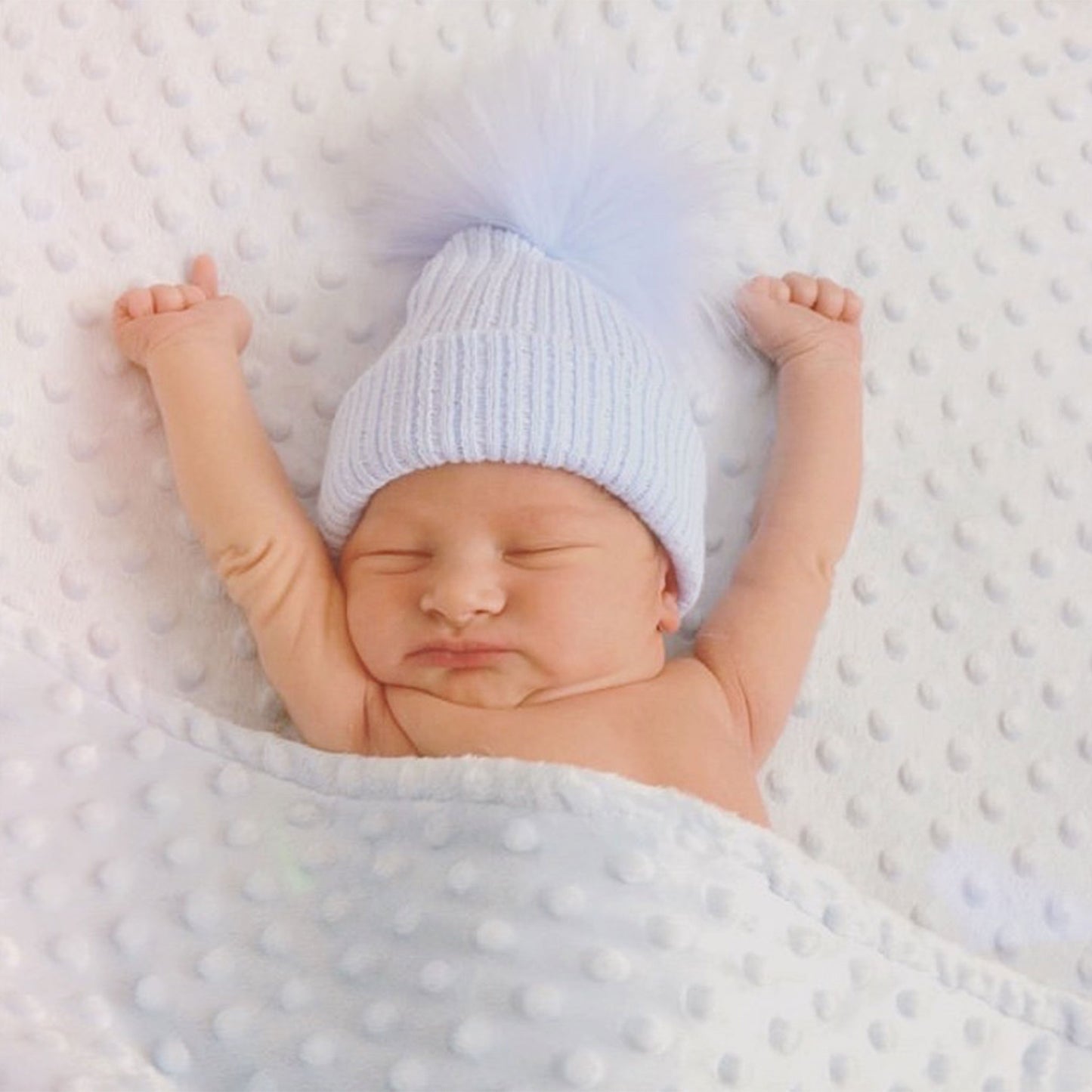 baby boys blue pom pom hat