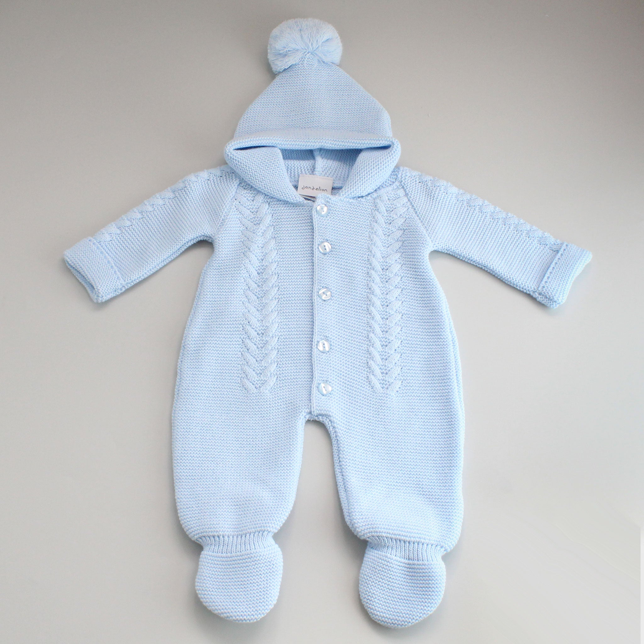 blue all in one baby suit knitted with hood