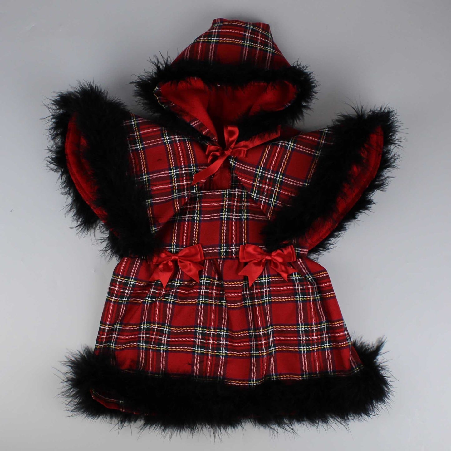 baby girls red tartan dress and cape with marabou feathers