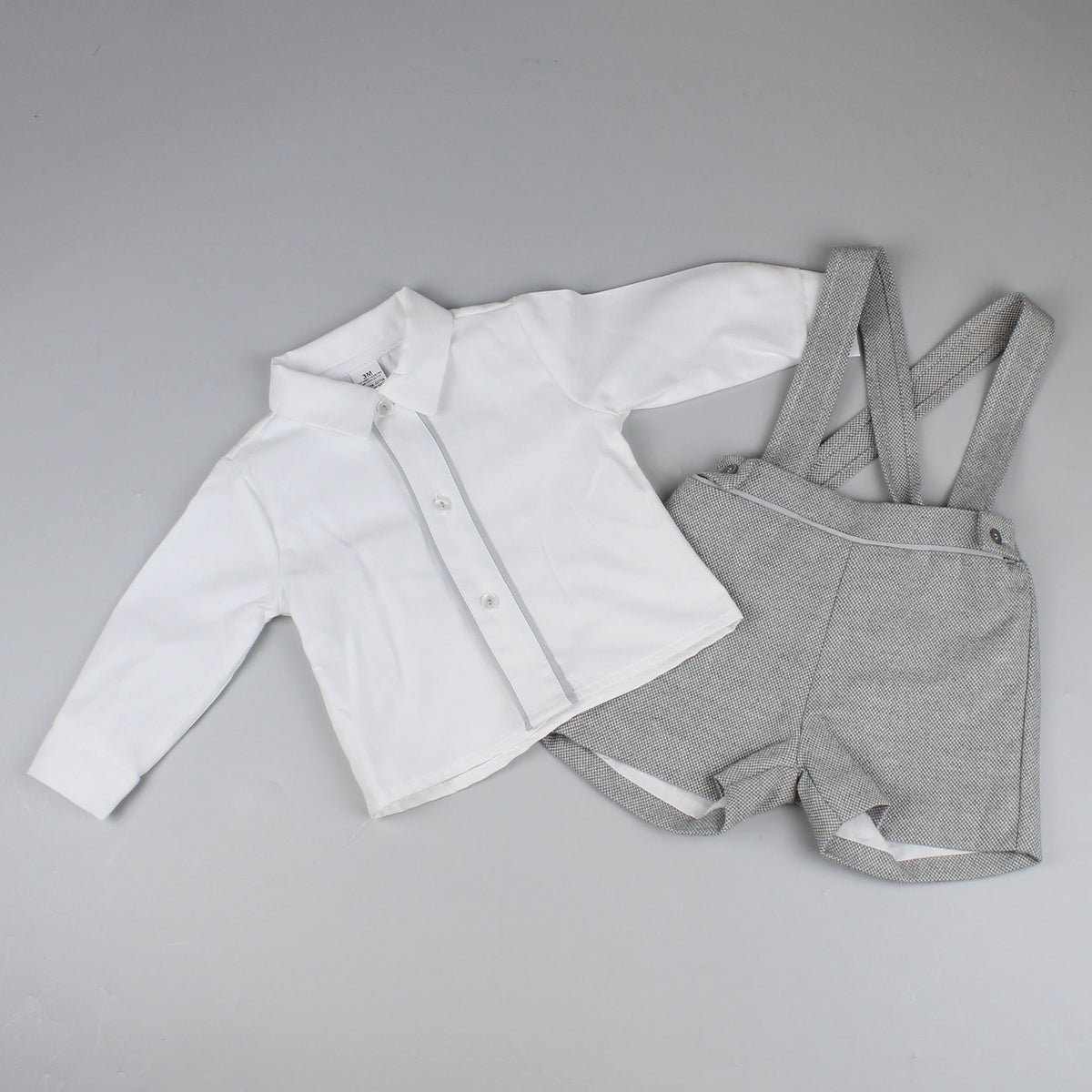 Baby Boys Grey Two Piece Outfit- Shirt, Braces and Shorts Set