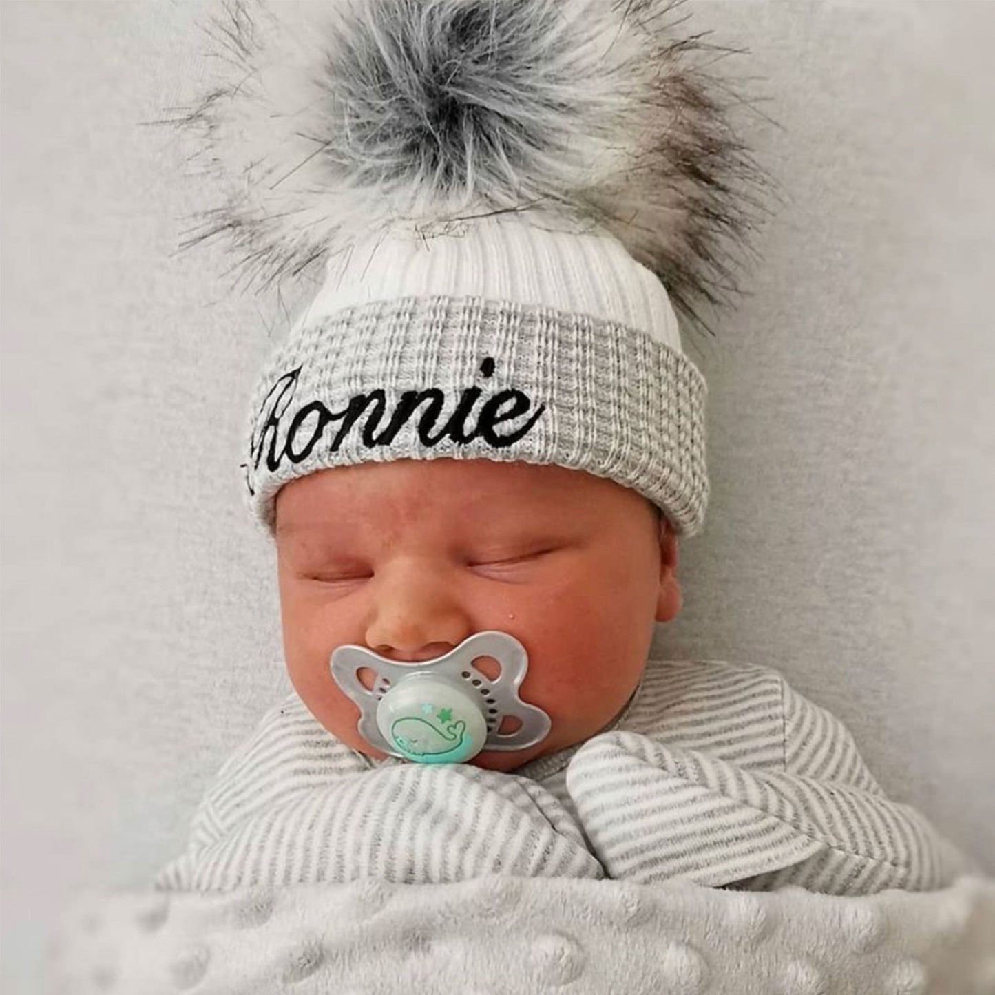 Personalised White & Grey Pom Pom Newborn Baby Hat