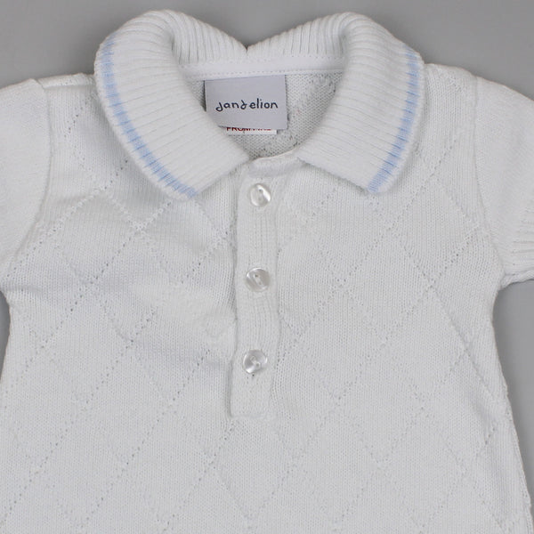baby boys white and blue knitted outfit